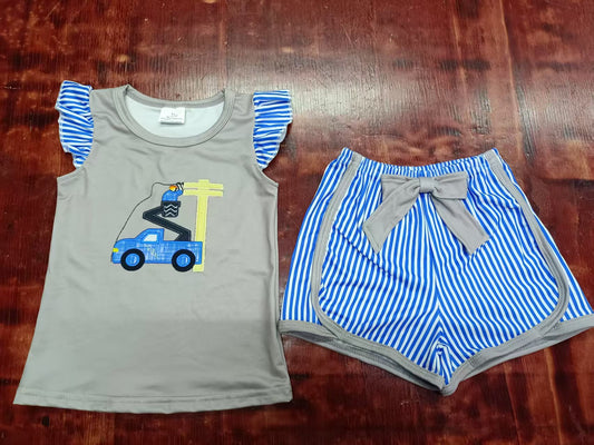Preorder moq 5 Baby Girls Blue Stripe Flutter Sleeves Excavator Top Bow Short Clothes Set