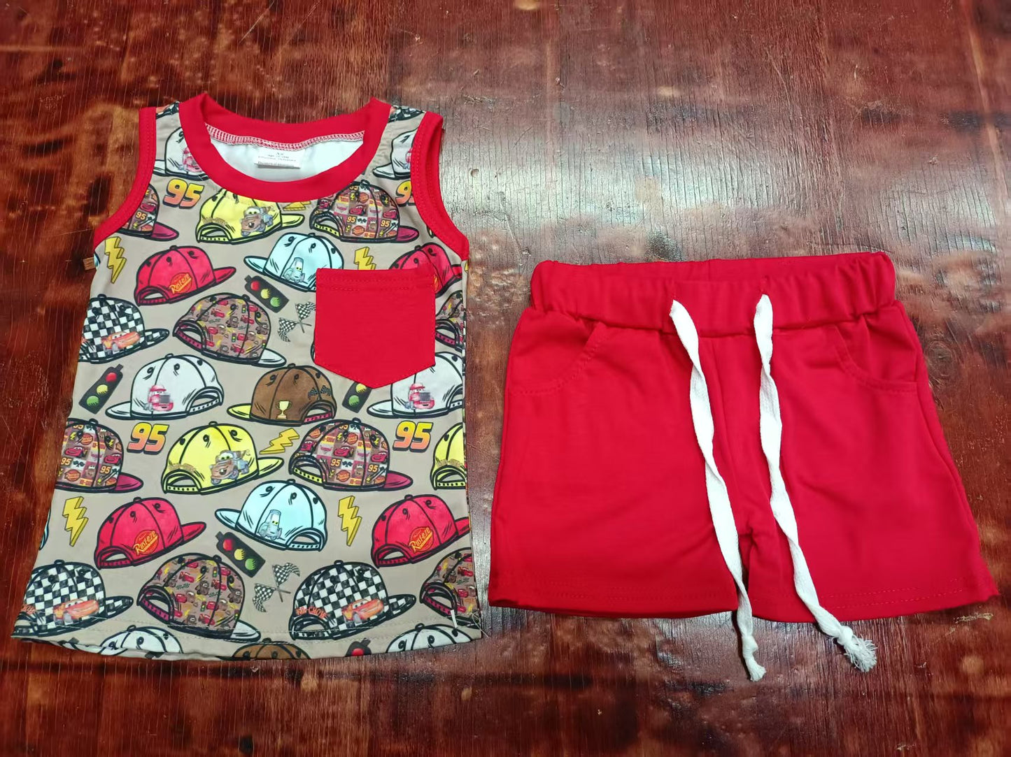 Preorder moq 5 Baby Boys Sleeveless Pocket Hats Top Short With Belt Clothes Set