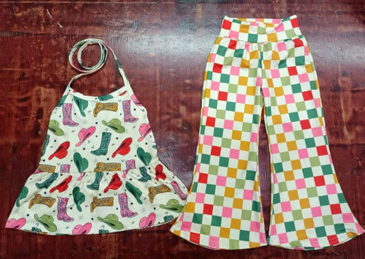 Preorder moq 5 Baby Girls Strap Colorful Hats Boots Tunic Plaid Bell Bottom Pant Set