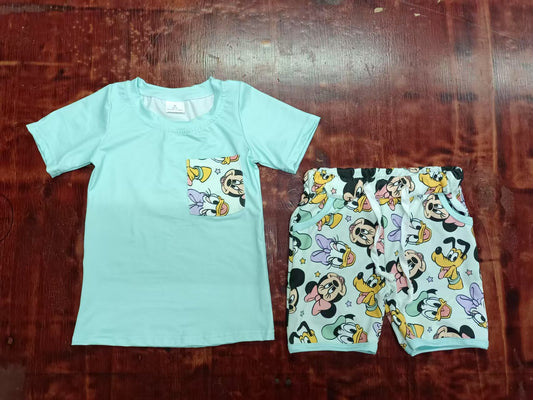 Preorder moq 5 Baby Boys Light Blue Short Sleeves Cartoon Mouse Pocket Top Shorts With Belt Set