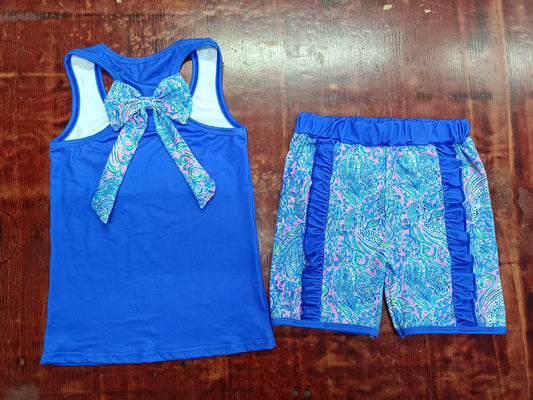 Preorder moq 5 Baby Girls Hot Blue Sleeveless Sea Plants Bows Pocket Vest Ruffle Short Set