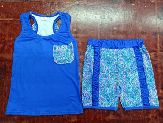 Preorder moq 5 Baby Girls Hot Blue Sleeveless Sea Plants Bows Pocket Vest Ruffle Short Set