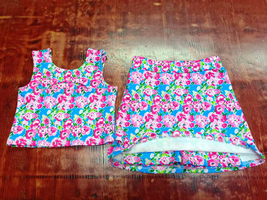 Preorder moq 5 Baby Girls Pink Sleeveless Floral Vest Top Short Skirts Set