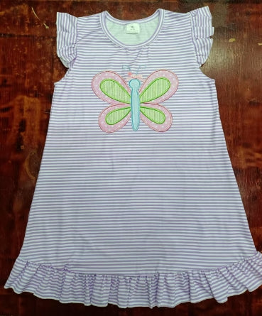 Preorder moq 5 Baby Girls Lavender Stripe Flutter Sleeves Butterfly Knee Length Dresses