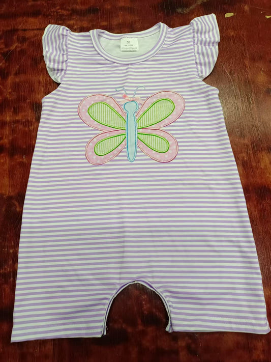 Preorder moq 5 Baby Girls Lavender Stripe Flutter Sleeves Butterfly Pant Rompers