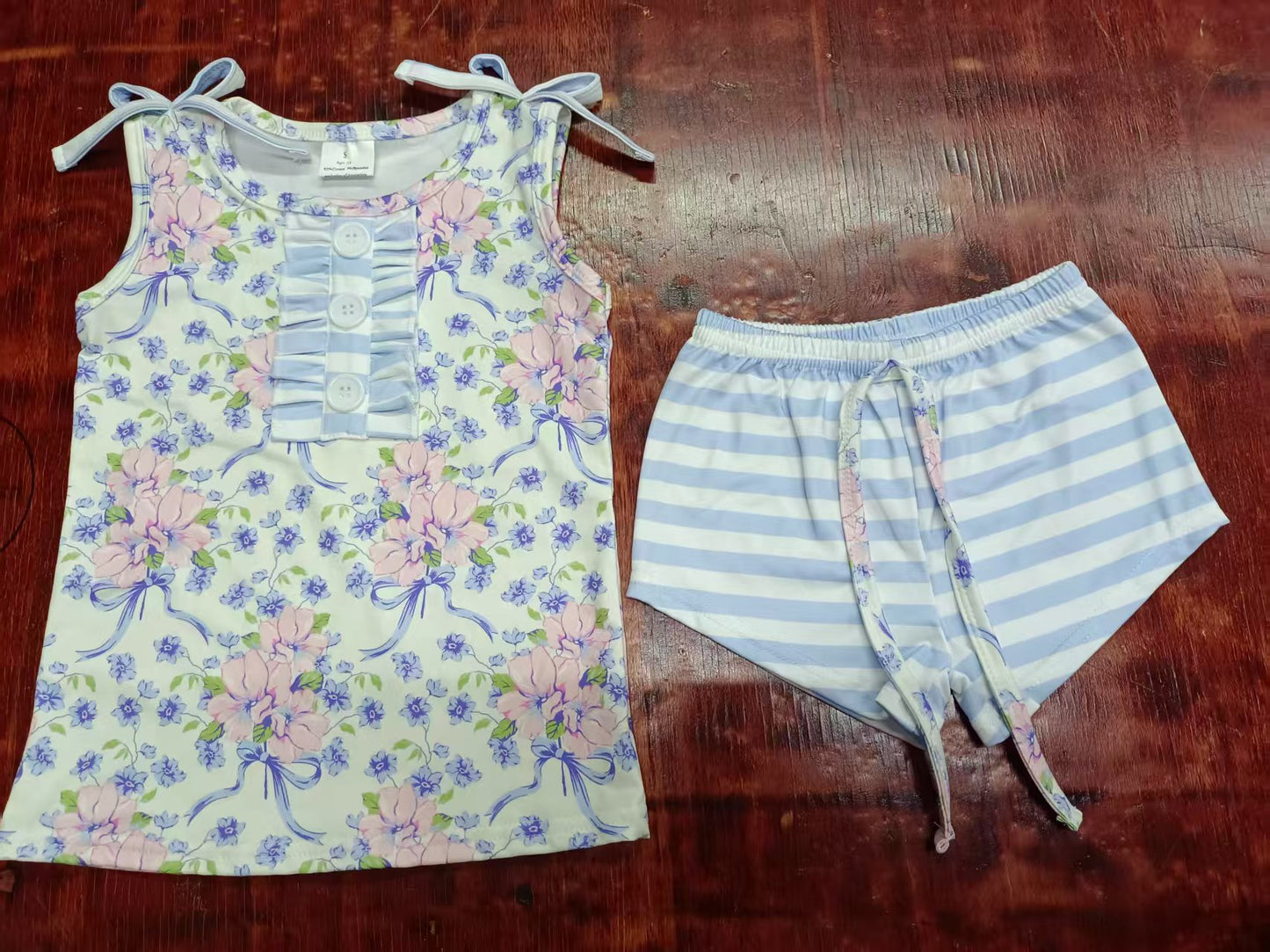Preorder moq 5 Baby Girls Sleeveless Flowers Bows Plaid Button Top Stripe Shorts With Belt Set