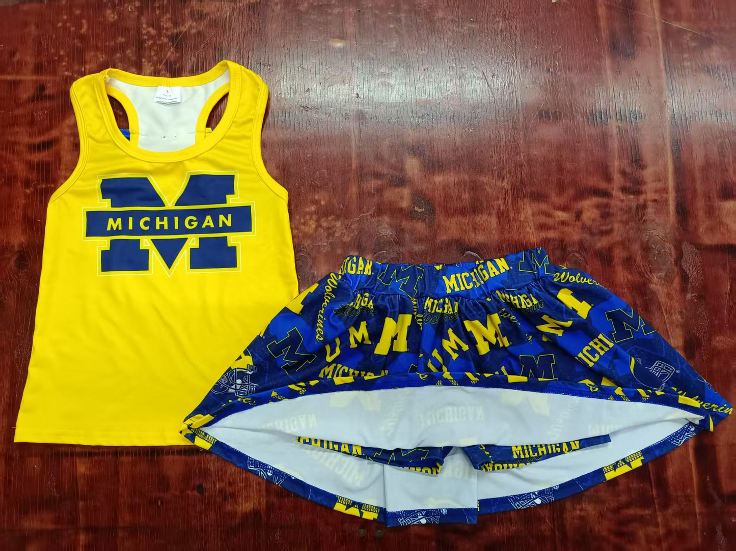 Preorder moq 5 Baby Girls Yellow Sleeveless Michigan Vest Top Navy Short Skirts Set