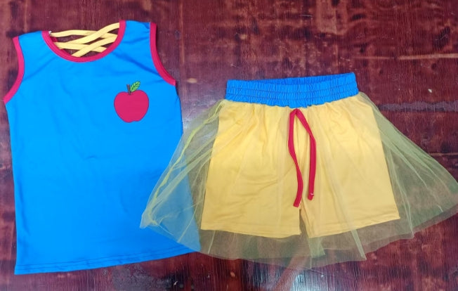 Preorder moq 5 Baby Girls Blue Sleeveless Apple Vest Top Yellow Tassel Short Skirts Set