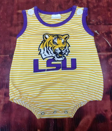 Preorder moq 5 Baby Boys Orange Stripe Sleeveless LSU Tiger Team Rompers