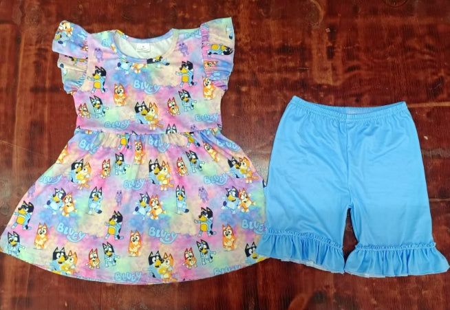 Preorder moq 5 Baby Girls Blue Flutter Sleeves Cartoon Dogs Tunic Ruffle Short Set