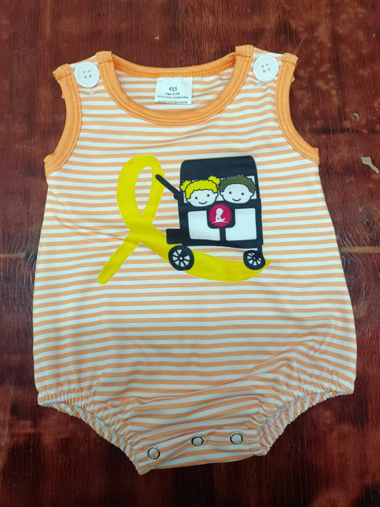 Preorder moq 5 Baby Boys Orange Stripe Sleeveless School Bus Rompers