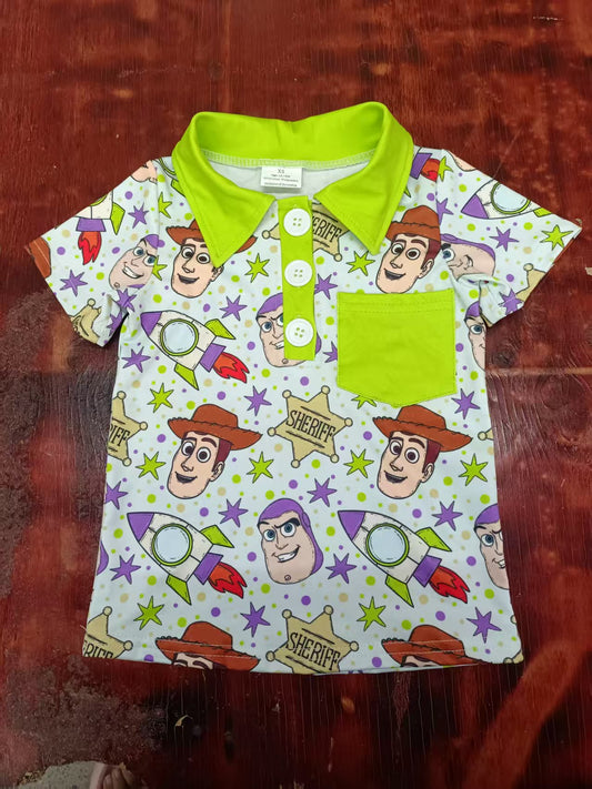 Preorder moq 5 Baby Boys Aqua Short Sleeves Cartoon Men Stars Button Pockets Polo Shirts Top