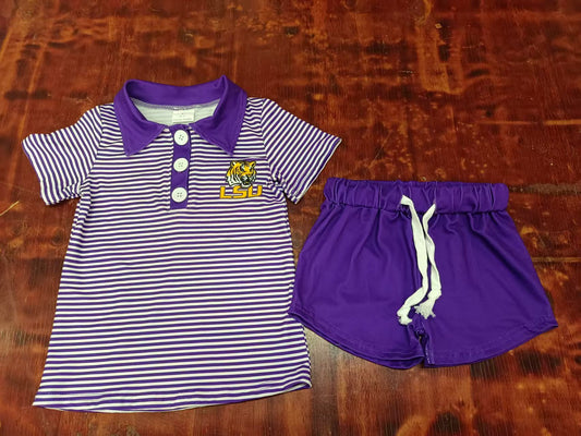 Preorder moq 5 Baby Girls Purple Stripe Short Sleeves LSU Tiger Button Top Shorts With Belt Set