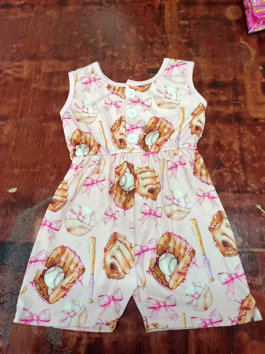 Preorder moq 5 Baby Girls Sleeveless Pink Bows Baseballs Button Pockets Jumpsuits