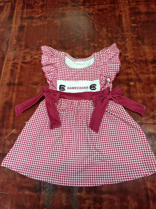 Preorder moq 5 Baby Girls Red Plaid Flutter Sleeves Gamecocks Bows Knee Length Dresses