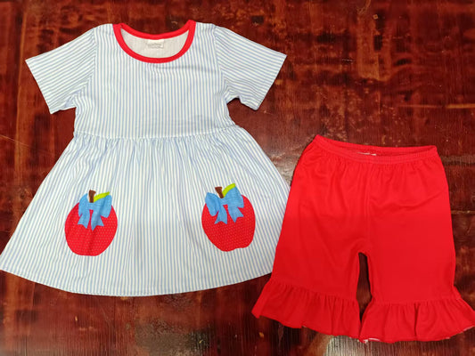 Preorder moq 5 Baby Girls Stripe Short Sleeves Apples Tunic Red Ruffle Short Back School Set