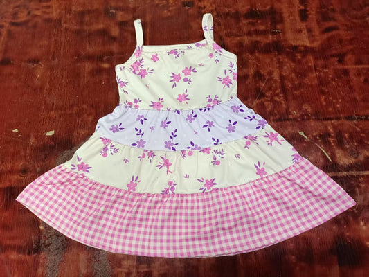 Preorder moq 5 Baby Girls Strap Flowers Plaid Patchwork Knee Length Dresses