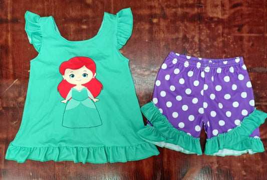 Preorder moq 5 Baby Girls Aqua Flutter Sleeves Princess Tunic Polka Dots Ruffle Short Set