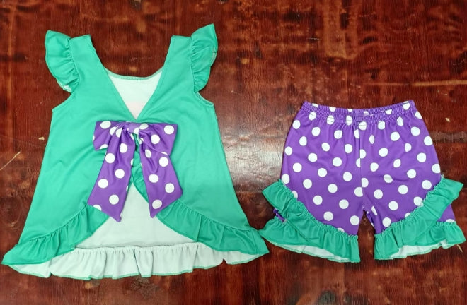 Preorder moq 5 Baby Girls Aqua Flutter Sleeves Princess Tunic Polka Dots Ruffle Short Set