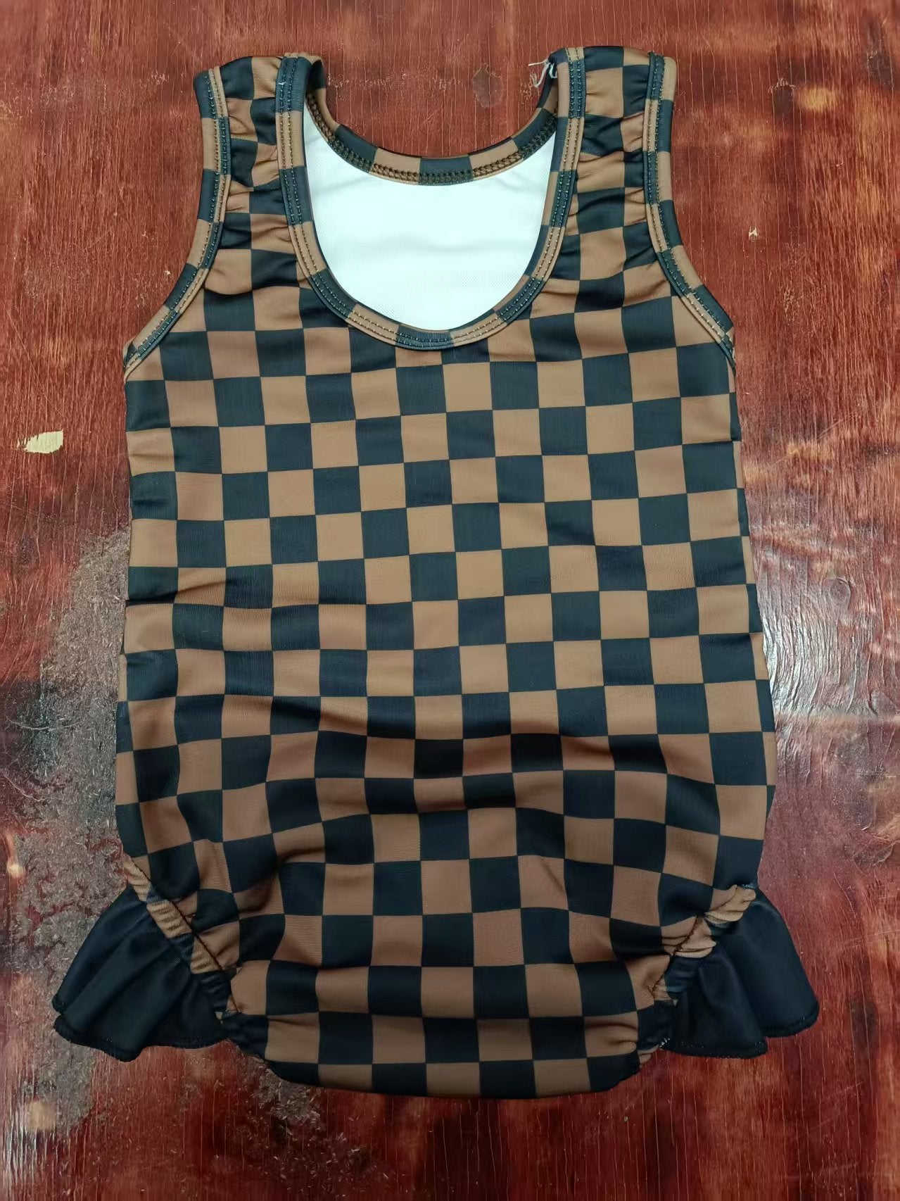 Preorder moq 5 Baby Girls Black Khaki Plaid Sleeveless Ruffle One Pieces Swimsuits