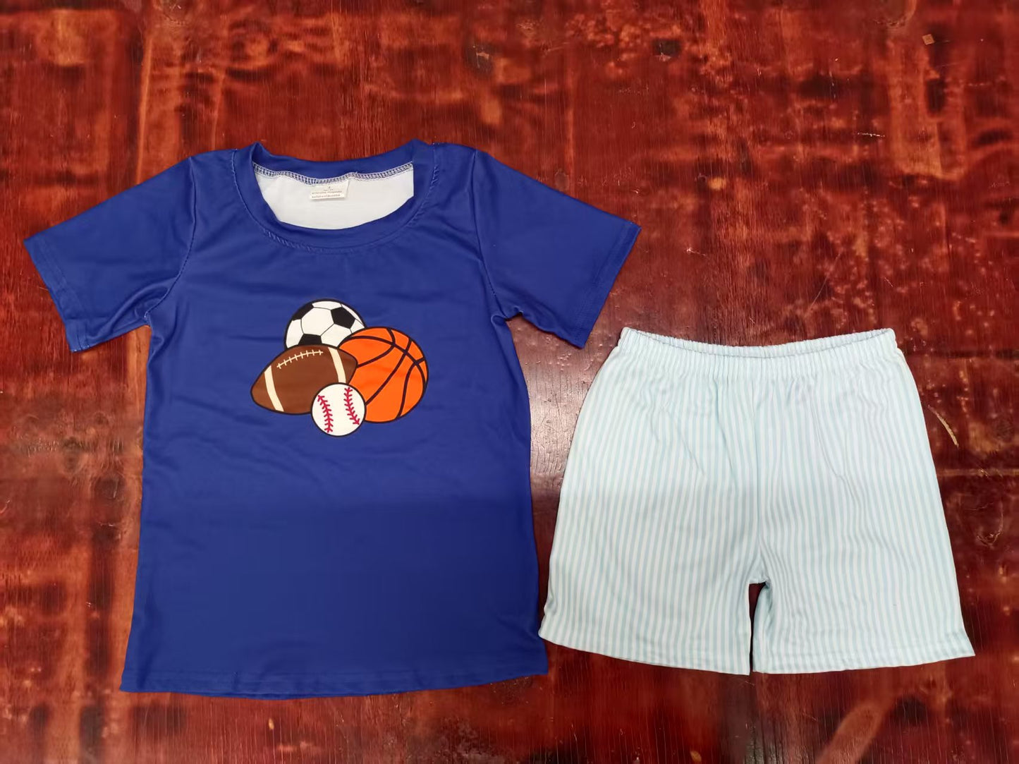 Preorder moq 5 Baby Boys Navy Short Sleeves Baseballs Basketballs Top Stripe Short Set