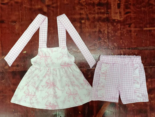 Preorder moq 5 Baby Girls Pink Strap Bows Flowers Tunic Plaid Ruffle Short Set