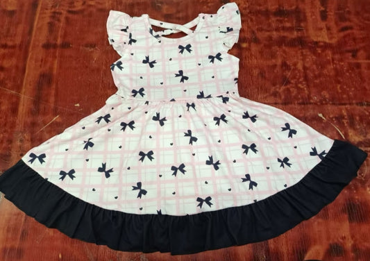 Preorder moq 5 Baby Girls Pink Plaid Flutter Sleeves Black Bows Plaid Knee Length Dresses