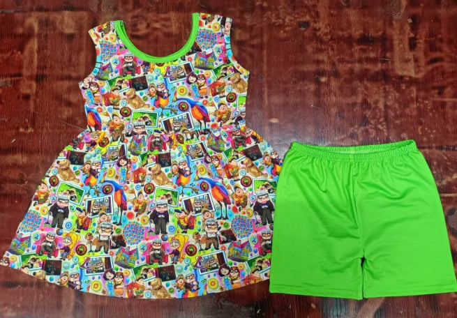 Preorder moq 5 Baby Girls Sleeveless Green Cartoon Tunic Short Clothes Set