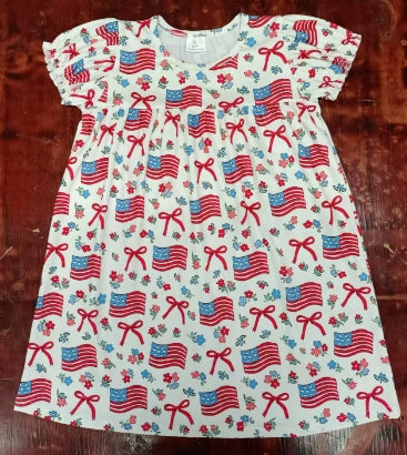 Preorder moq 5 Baby Girls Short Sleeves Flowers Flags Bows 4th Of July Knee Length Dresses