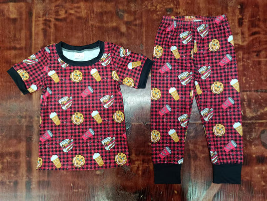 Preorder moq 5 Baby Boys Red Plaid Short Sleeves Cakes Coffee Top Pant Pajamas Set