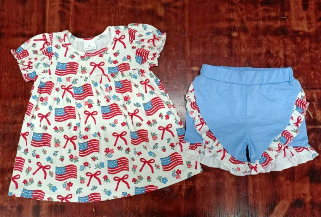Preorder moq 5 Baby Girls Short Ruffle Sleeves Bows Flags Tunic Ruffle Short 4th Of July Set