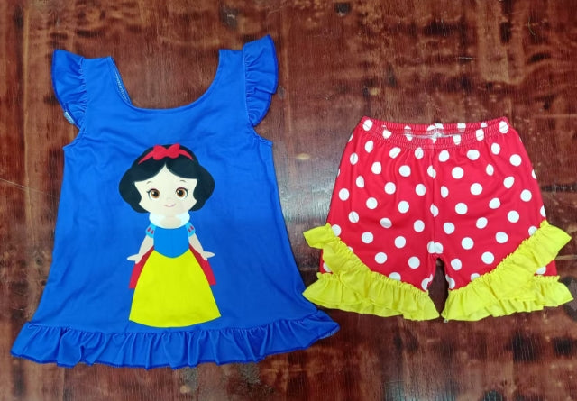 Preorder moq 5 Baby Girls Hot Blue Flutter Sleeves Princess Tunic Polka Dots Short Set