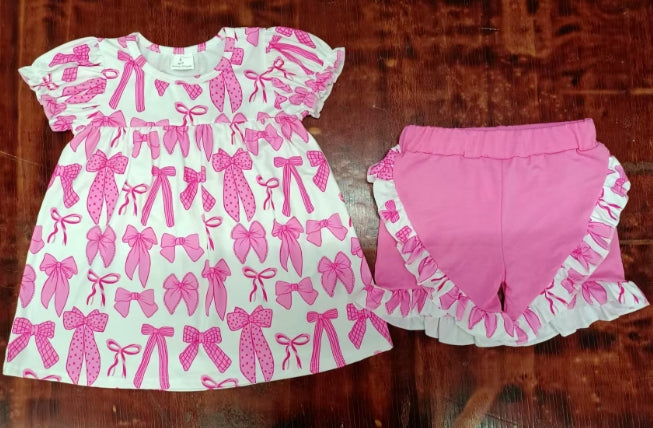 Preorder moq 5 Baby Girls Short Ruffle Sleeves Pink Bows Plaid Tunic Ruffle Short Set