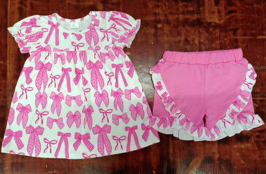 Preorder moq 5 Baby Girls Short Ruffle Sleeves Pink Bows Plaid Tunic Ruffle Short Set