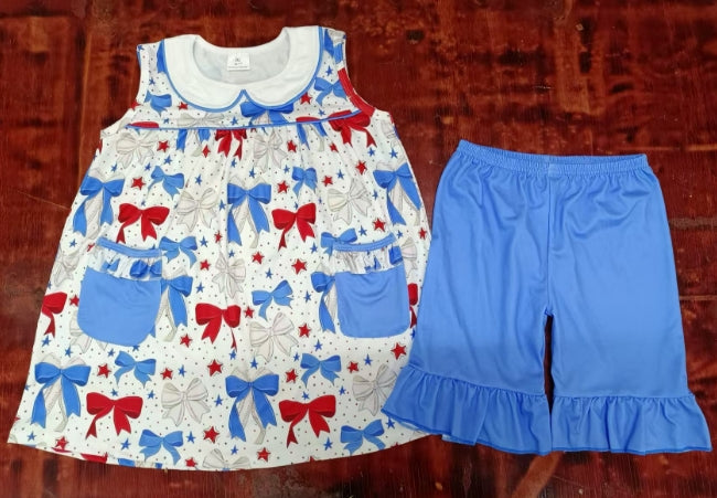 Preorder moq 5 Baby Girls Sleeveless Blue Red Bows Pockets Tunic Ruffle Short 4th Of July Set