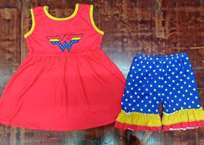Preorder moq 5 Baby Girls Sleeveless Red Yellow Blue W Tunic Stars Ruffle Short 4th Of July Set