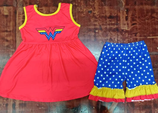 Preorder moq 5 Baby Girls Sleeveless Red Yellow Blue W Tunic Stars Ruffle Short 4th Of July Set
