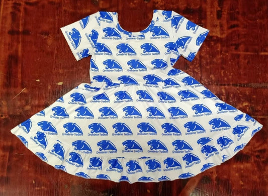 Preorder moq 5 Baby Girls Short Sleeves Blue Tigers Plaid Knee Length Dresses