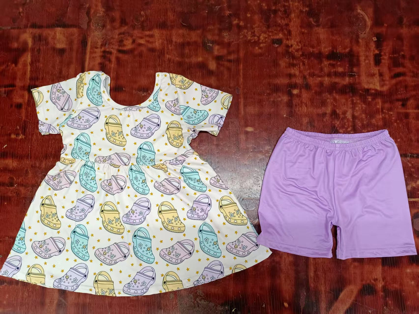 Preorder moq 5 Baby Girls Short Sleeves Stars Shoes Tunic Lavender Short Set