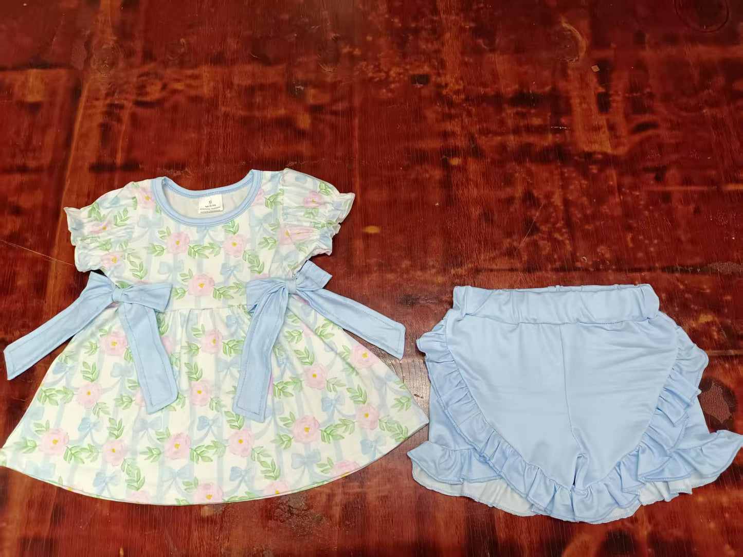 Preorder moq 5 Baby Girls Short Sleeves Bows Flowers Tunic Light Blue Ruffle Short Set
