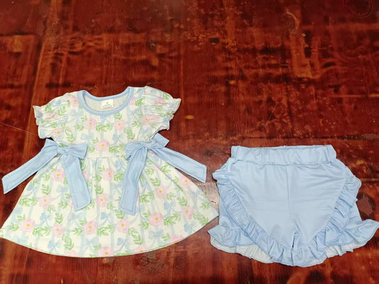 Preorder moq 5 Baby Girls Short Sleeves Bows Flowers Tunic Light Blue Ruffle Short Set