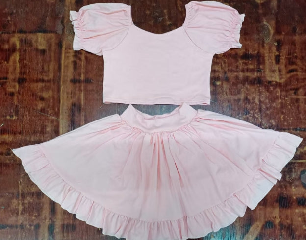 Preorder moq 5 Baby Girls Peach Short Ruffle Sleeves Vest Top Ruffle Short Skirts Set