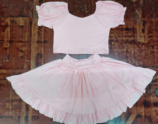 Preorder moq 5 Baby Girls Peach Short Ruffle Sleeves Vest Top Ruffle Short Skirts Set