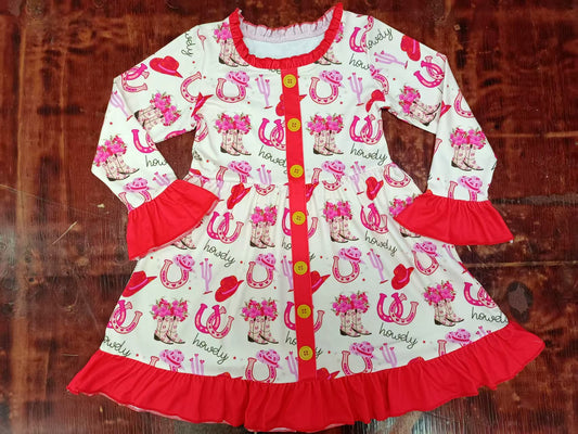 Preorder moq 5 Baby Girls Red Long Ruffle Sleeves Button Boots Shoes Knee Length Dresses