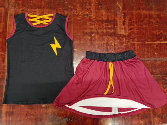 Preorder moq 5 Baby Girls Black Sleeveless Lightning Vest Top Red Short Skirts Set