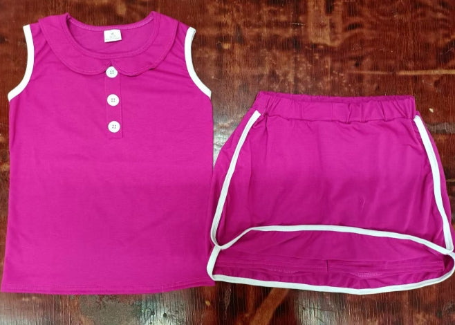 Preorder moq 5 Baby Girls Hot Pink Sleeveless Button Vest Top Short Skirts Set