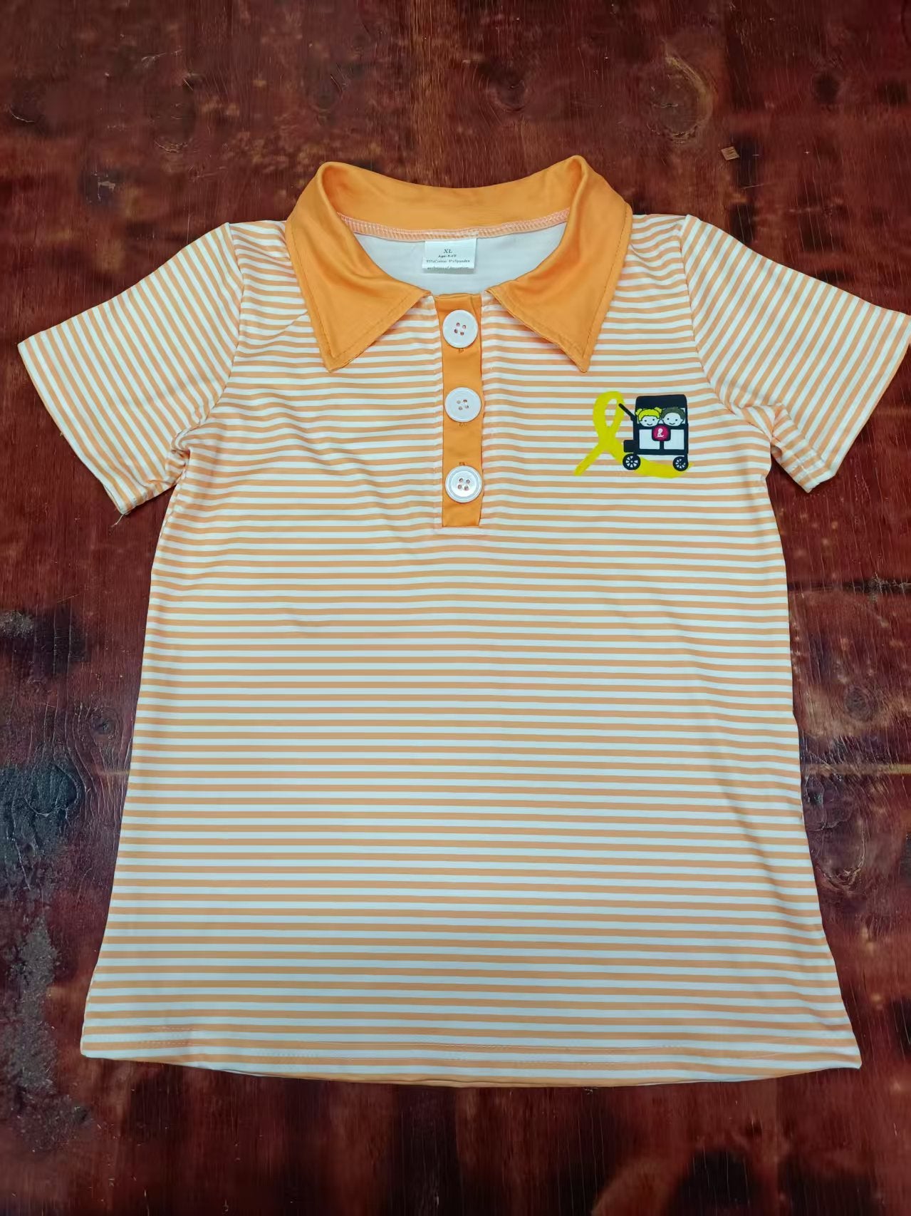Preorder moq 5 Baby Boys Orange Stripe Short Sleeves School Bus Button Pockets Polo Shirts Top