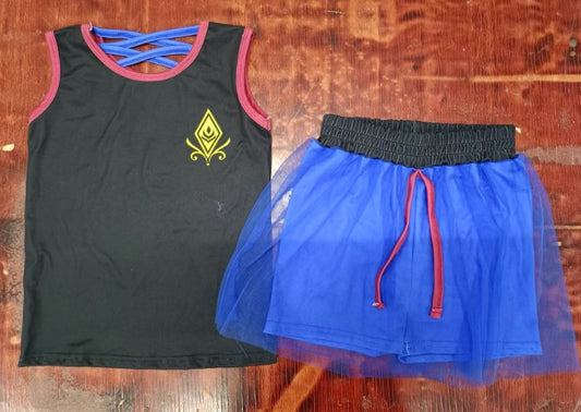 Preorder moq 5 Baby Girls Black Sleeveless Arrow Vest Top Tassel Short Skirts Set