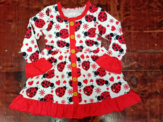 Preorder moq 5 Baby Girls Red Long Ruffle Sleeves Button Hearts Ladybird Knee Length Dresses