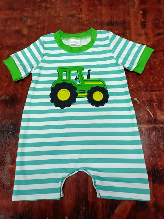 Preorder moq 5 Baby Boys Green Stripe Short Sleeves Truck Farm Pant Rompers